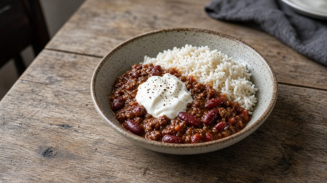 Chili con carne med ris, creme fraiche og frisk koriander
