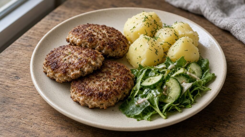 Frikadeller fra ovnen med kogte kartofler og grøn salat