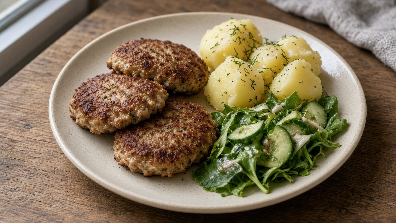 Frikadeller fra ovnen med kogte kartofler og grøn salat