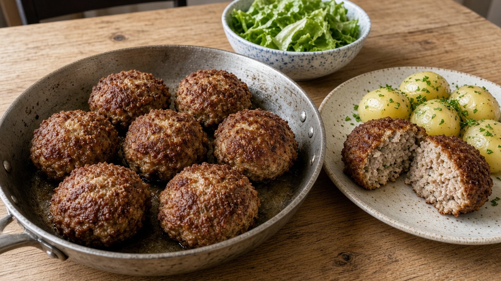 Runde, ovale frikadeller stegt på panden med kogte kartofler med persille og grøn salat, én frikadelle skåret over
