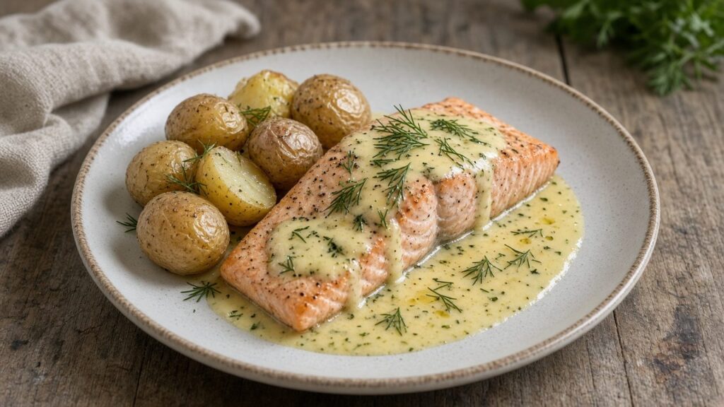 Laks fra ovnen med kartofler, citronsauce og grønne bønner