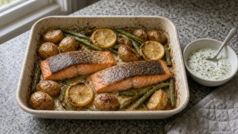Laks fra ovnen i et fad med små kartofler, grønne bønner og citronskiver og en skål citron-dildsauce på en granitbordplade