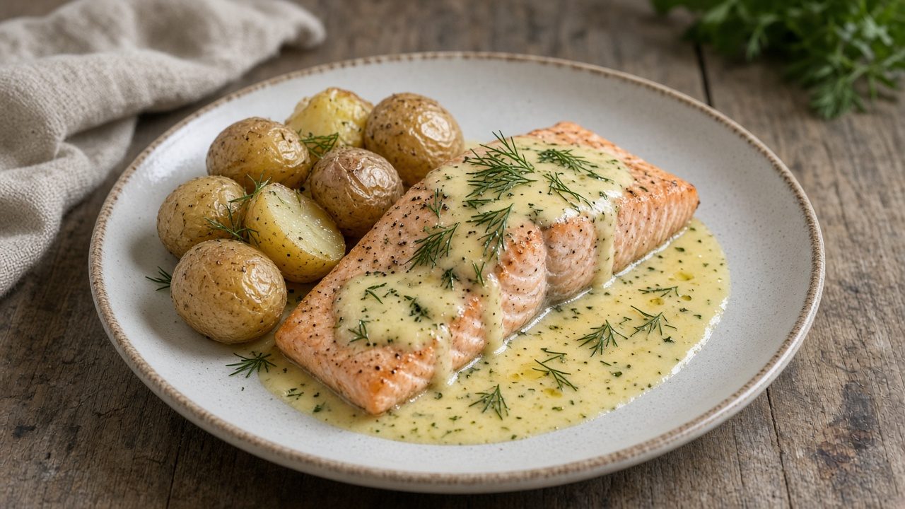 Laks fra ovnen med kartofler, citronsauce og grønne bønner