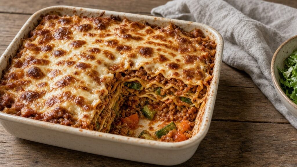 Lasagne med kødsovs og gratineret ost i et ovnfast fad
