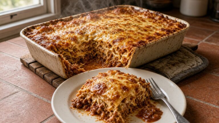 Hjemmelavet lasagne i et ovnfast fad med et stykke skåret ud og et portionsstykke med kødsovs på en tallerken