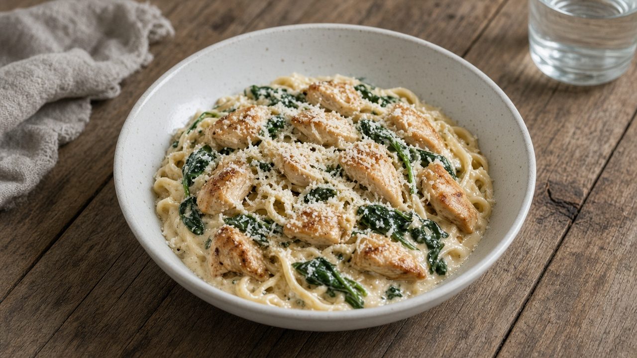 Pasta med kylling og spinat i cremet flødesauce med parmesan