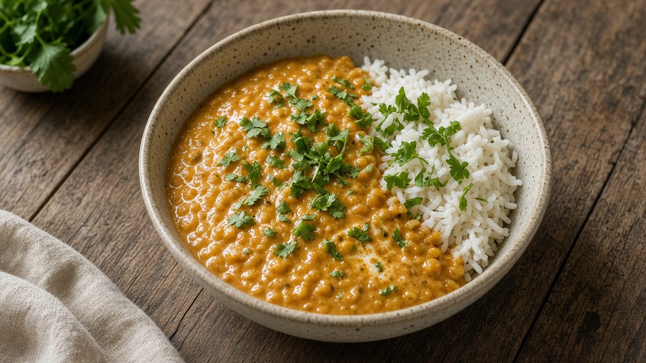 Rød dahl med kokosmælk, ris, frisk koriander og naanbrød