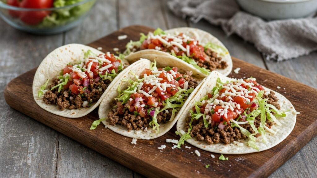 Tortillas med krydret oksekød, hjemmelavet salsa og guacamole