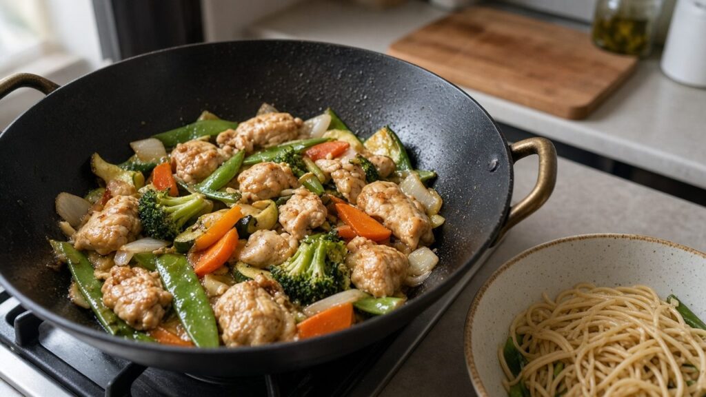 Wok med kylling, broccoli, peberfrugt og ris